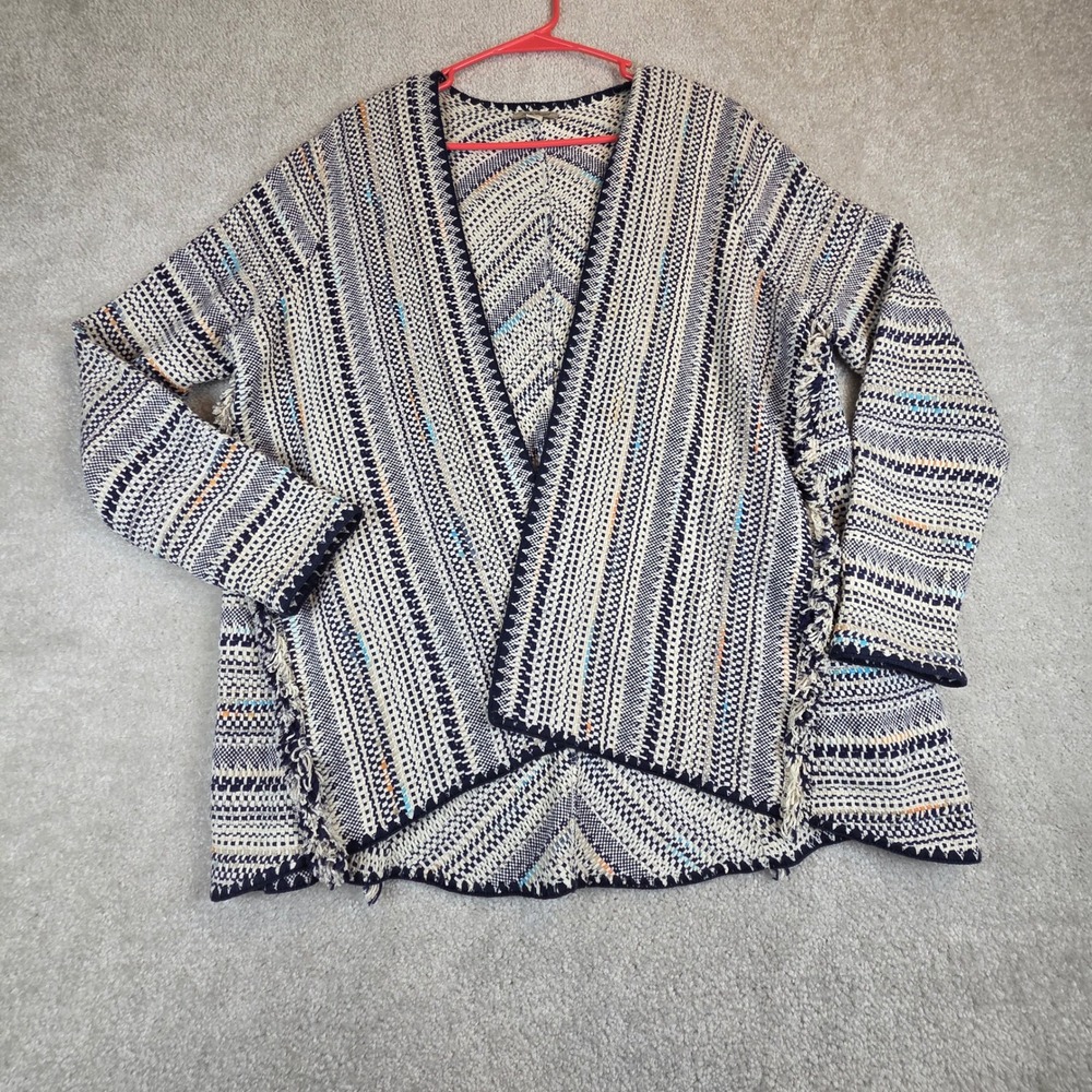 Lucky Brand Womens Open Front Pottery Cardigan Size M Stripe Blue Boho Beach